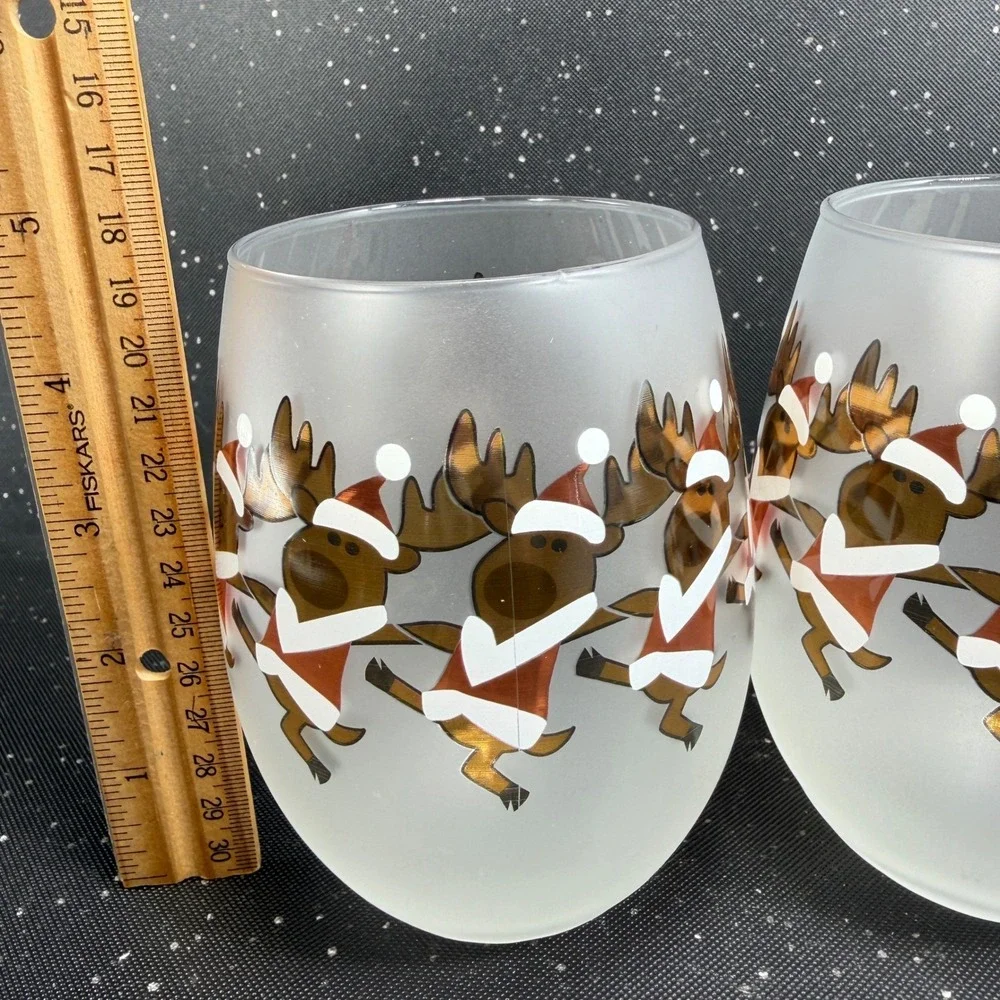Culver Ltd Frosted Stemless Wine Glasses Dancing Reindeer Christmas Set of 2